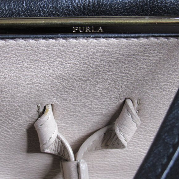 Furla Leather and Suede Drawstring Tote Bag Purse Beige and Black - Picture 9 of 10